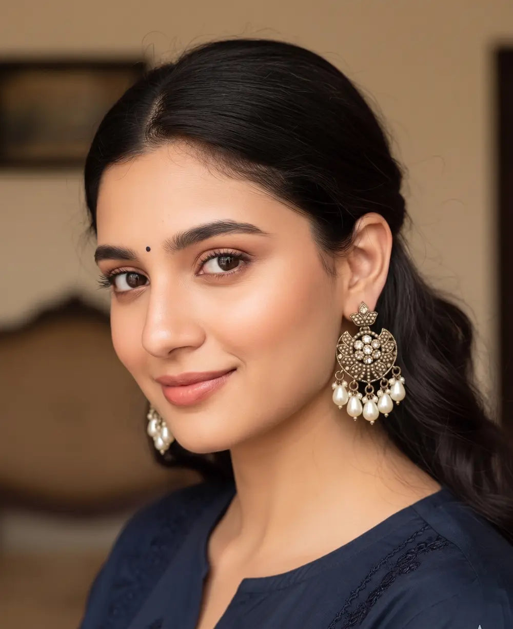 Oxidised Silver Pearl Chandbali Earrings