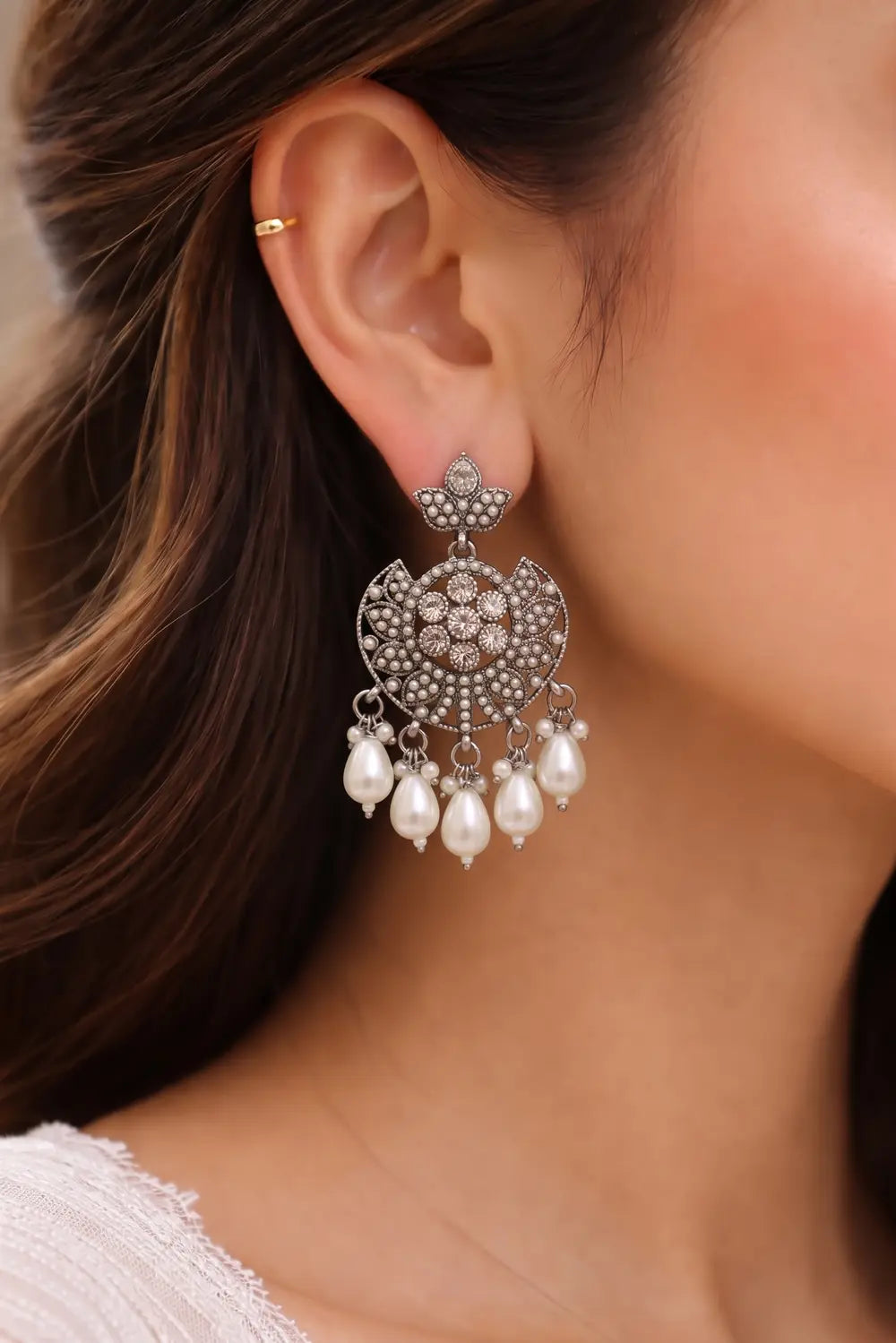 Oxidised Silver Pearl Chandbali Earrings