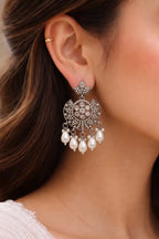 Oxidised Silver Pearl Chandbali Earrings