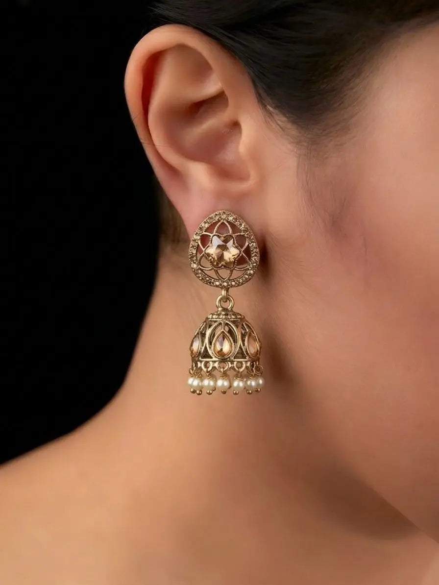 Antique Gold Pearl Jhumki Earrings