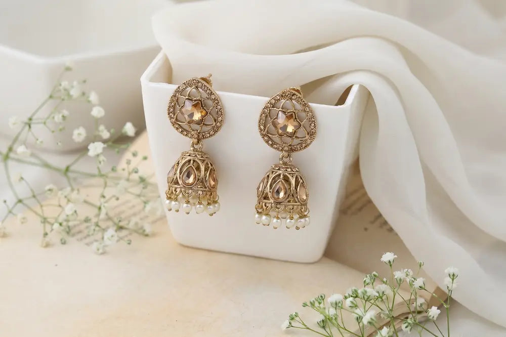 Antique Gold Pearl Jhumki Earrings