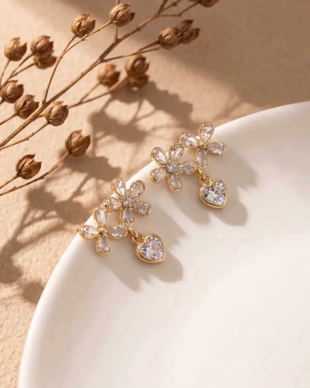 Golden Daisy Heart Charm Earrings