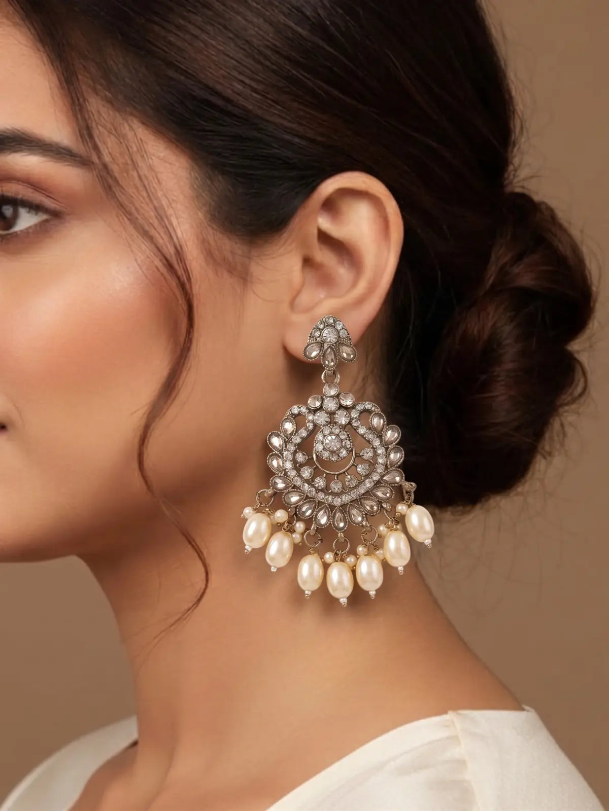 Maharani Noor Pearl Kundan Chandbali Earrings