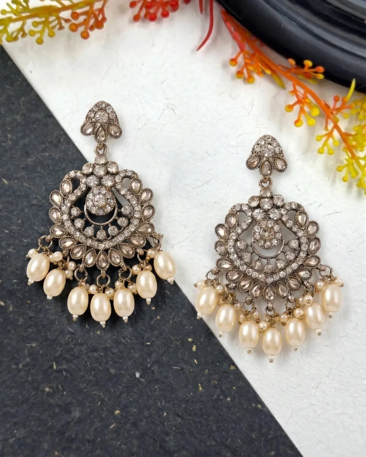 Maharani Noor Pearl Kundan Chandbali Earrings