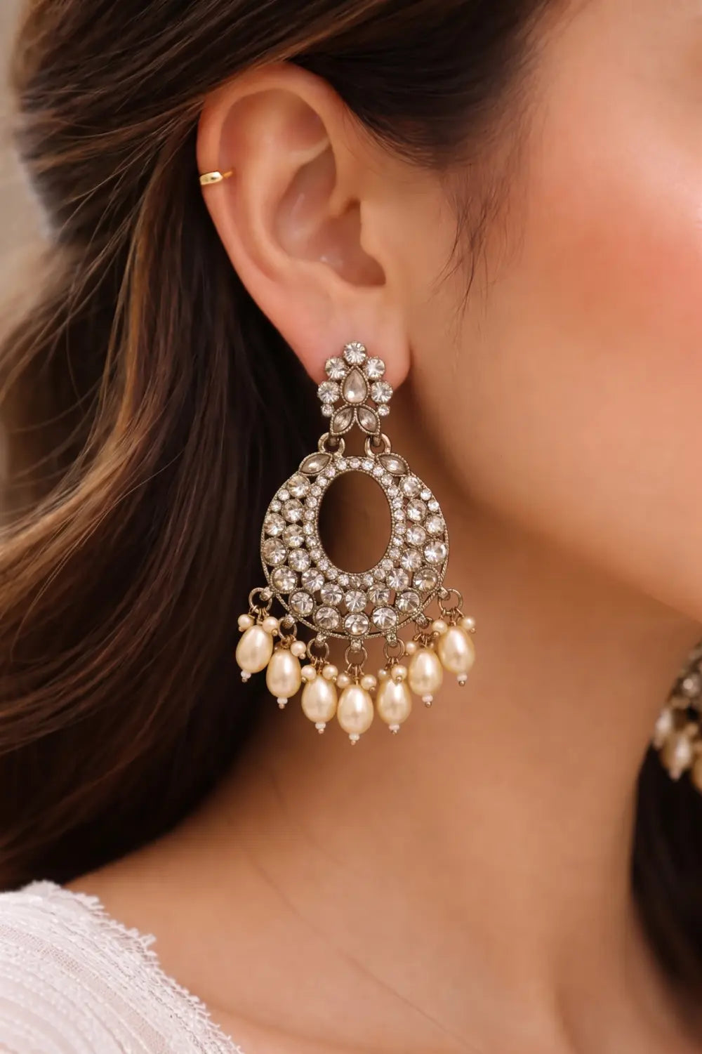 Noor-e-Moti Pearl Kundan Chandbali Earrings