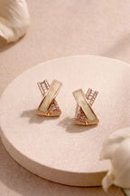 Rose Glow Pearl X Stud Earrings – Elegant AD Stone Geometric Earrings