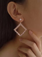 Rose Gold Diamond Frame Sparkling Geometric Statement Earrings