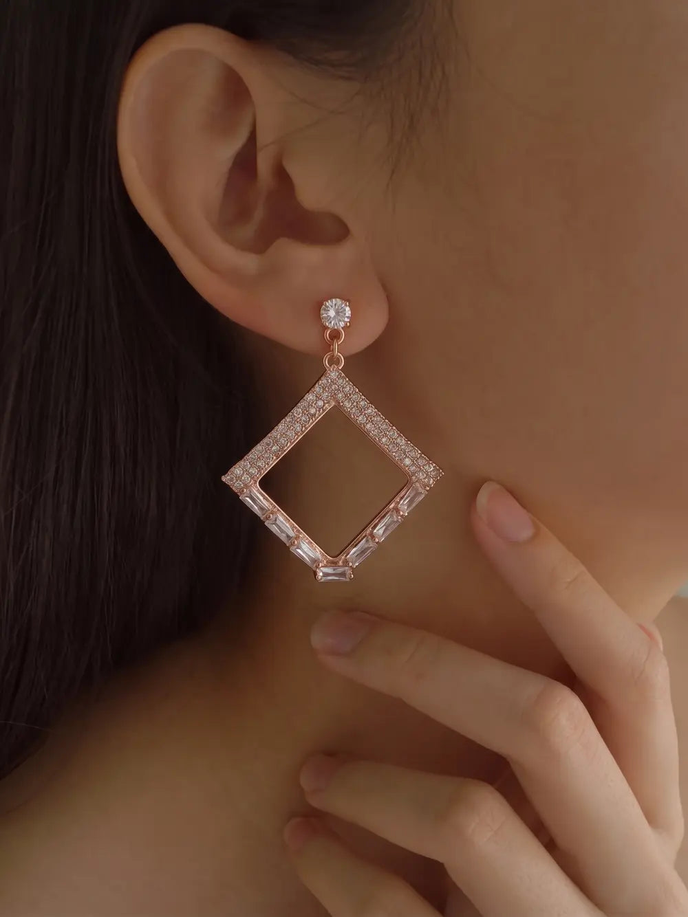 Rose Gold Diamond Frame Sparkling Geometric Statement Earrings