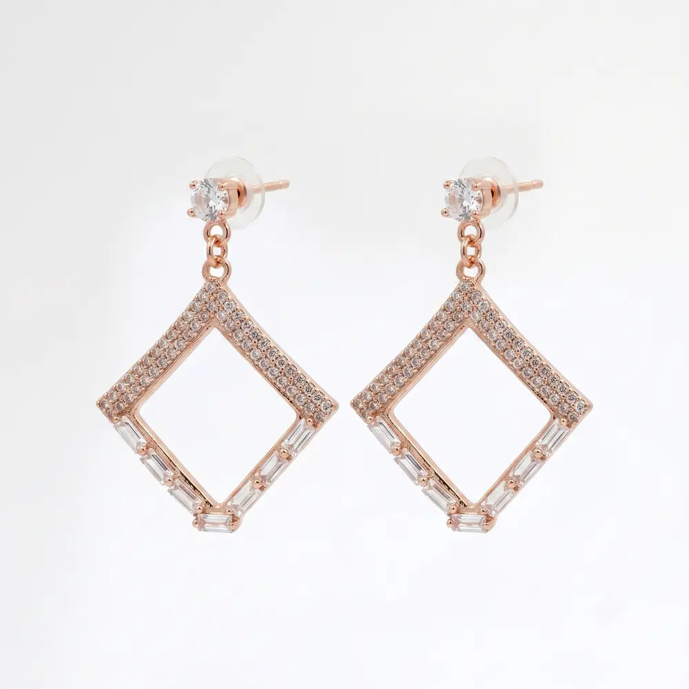 Rose Gold Diamond Frame Sparkling Geometric Statement Earrings