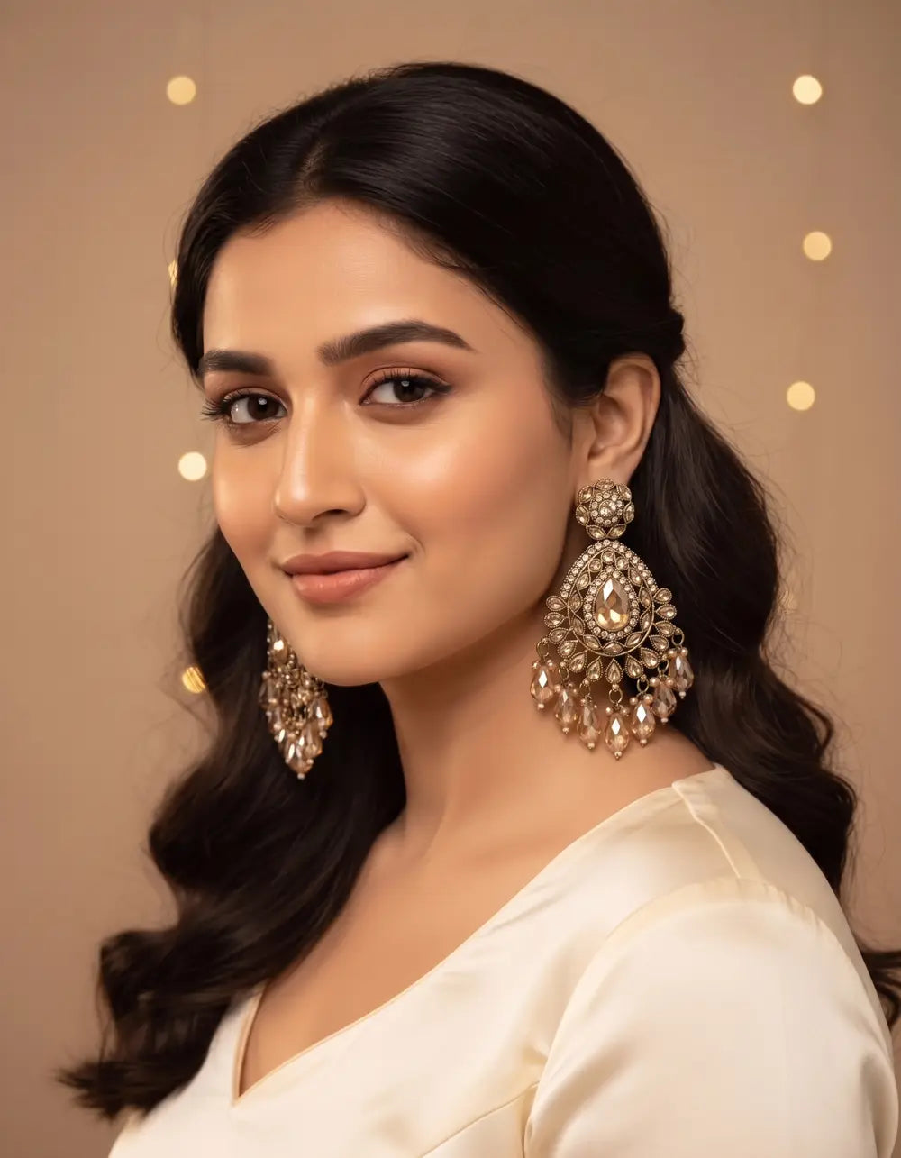 Royal Antique Gold Champagne Chandbali Earrings