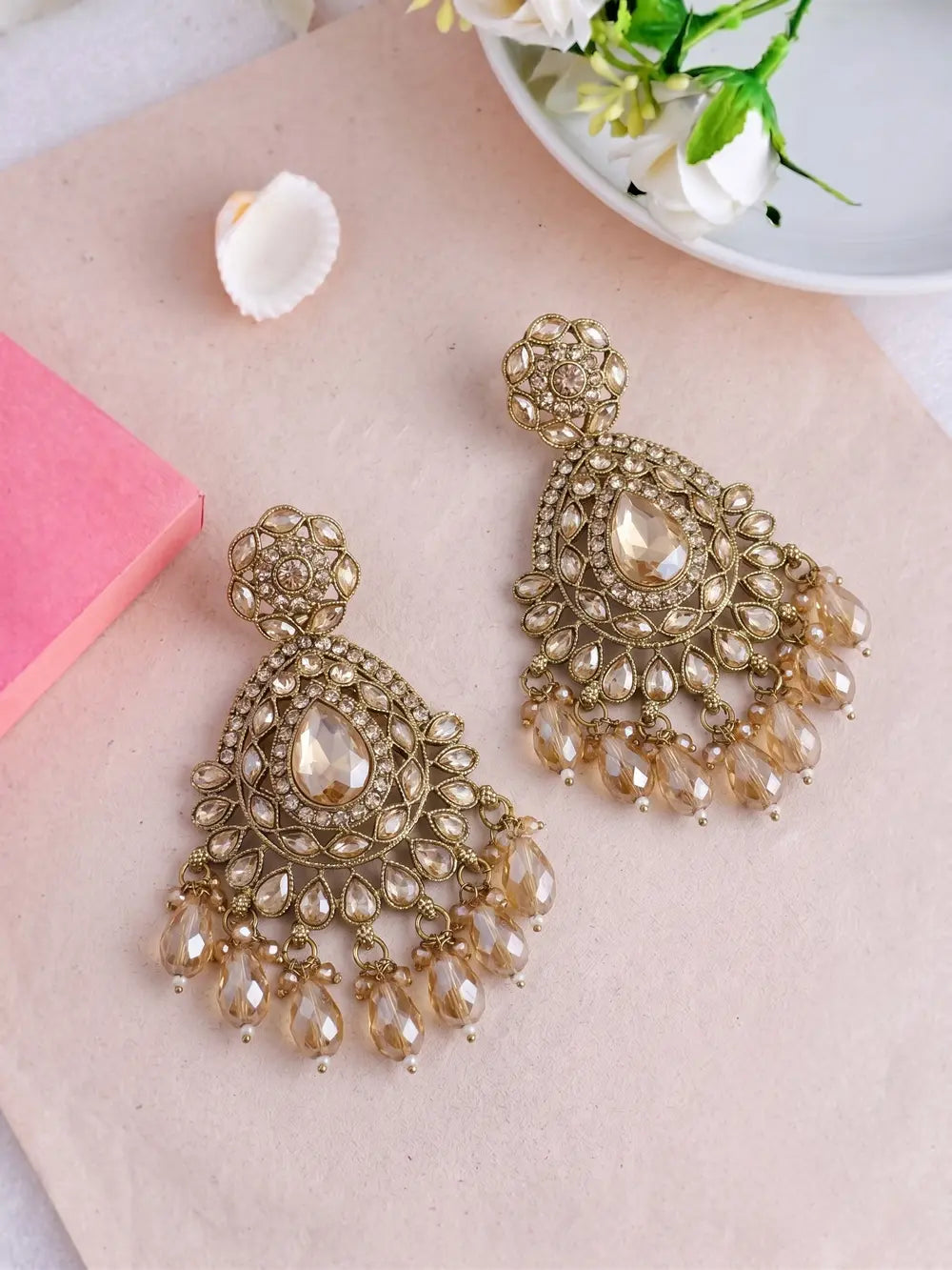 Royal Antique Gold Champagne Chandbali Earrings