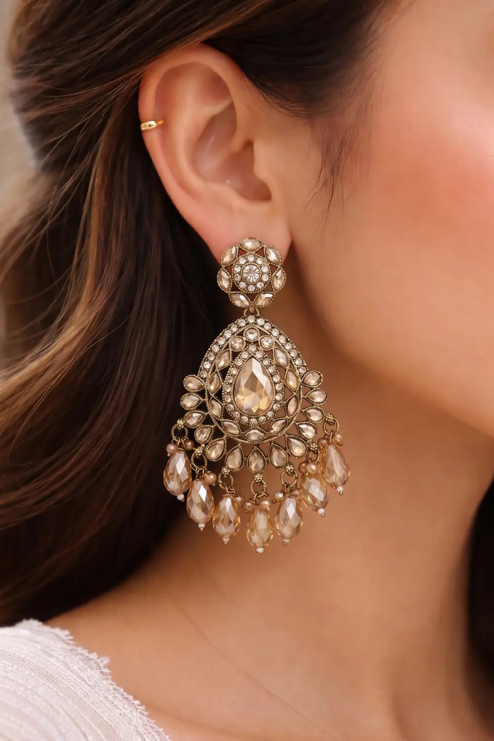 Royal Antique Gold Champagne Chandbali Earrings