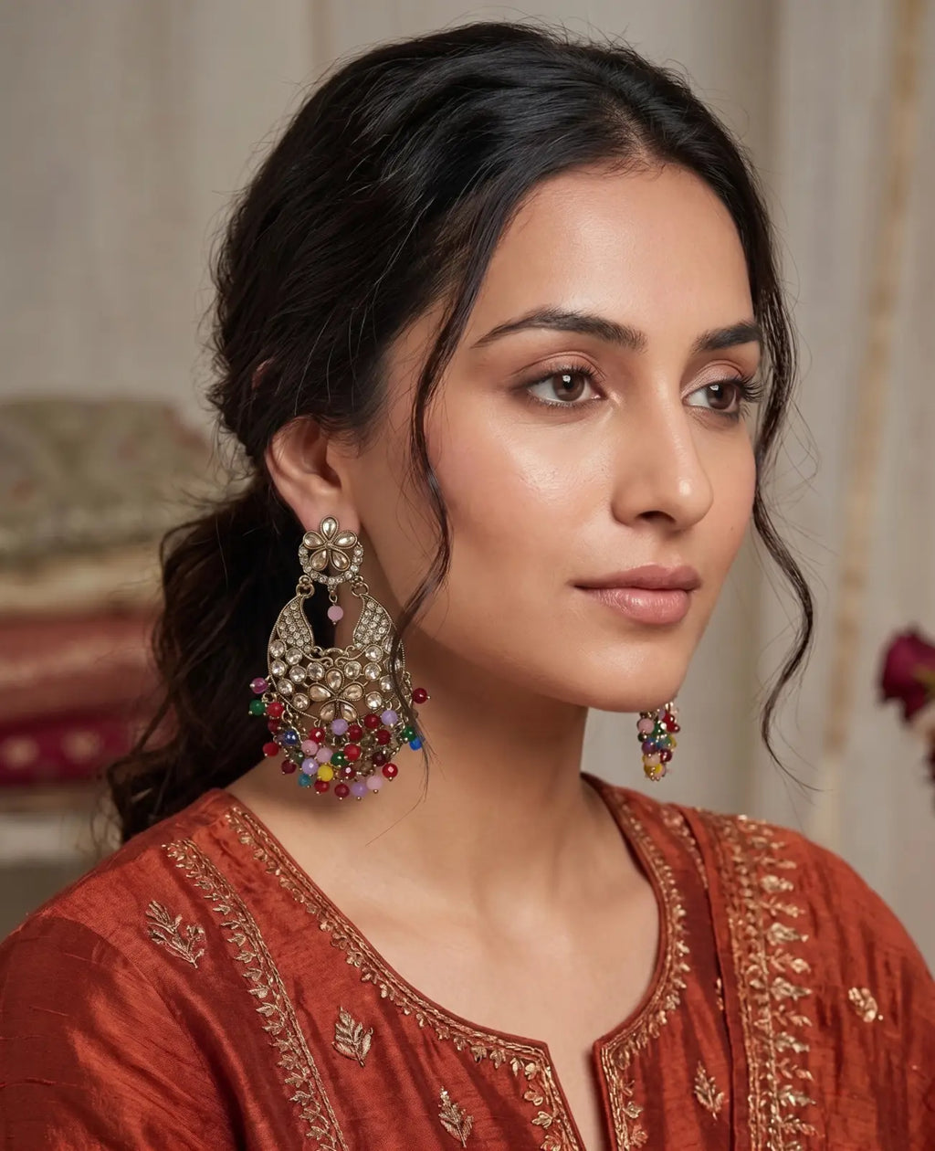Royal Noor Multicolor Kundan Chandbali Earrings