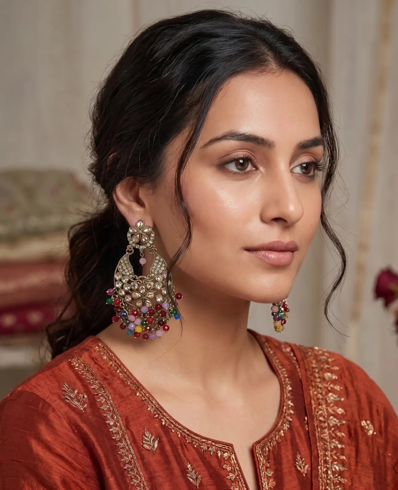 Royal Noor Multicolor Kundan Chandbali Earrings
