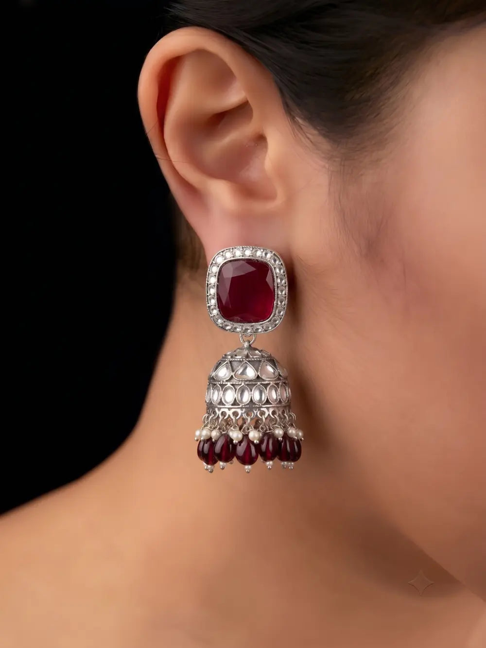 Ruby Rajwadi Silver Kundan Jhumka Earrings