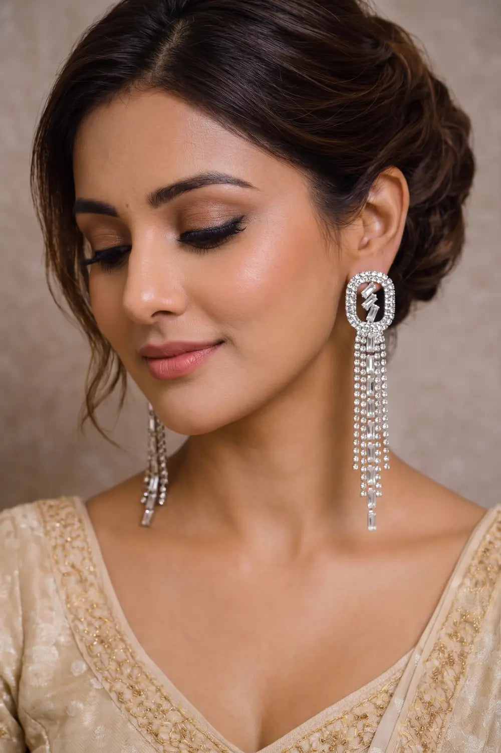 Silver Baguette Crystal Tassel Earrings