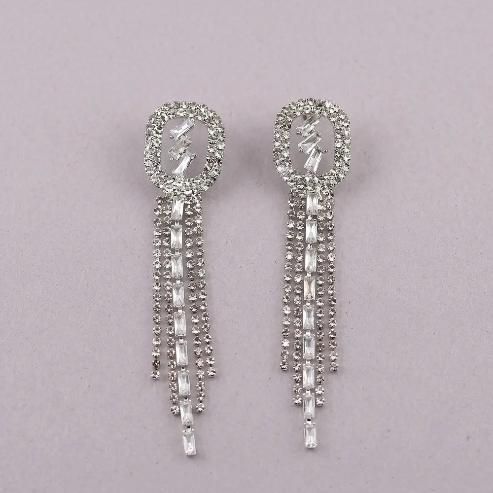 Silver Baguette Crystal Tassel Earrings