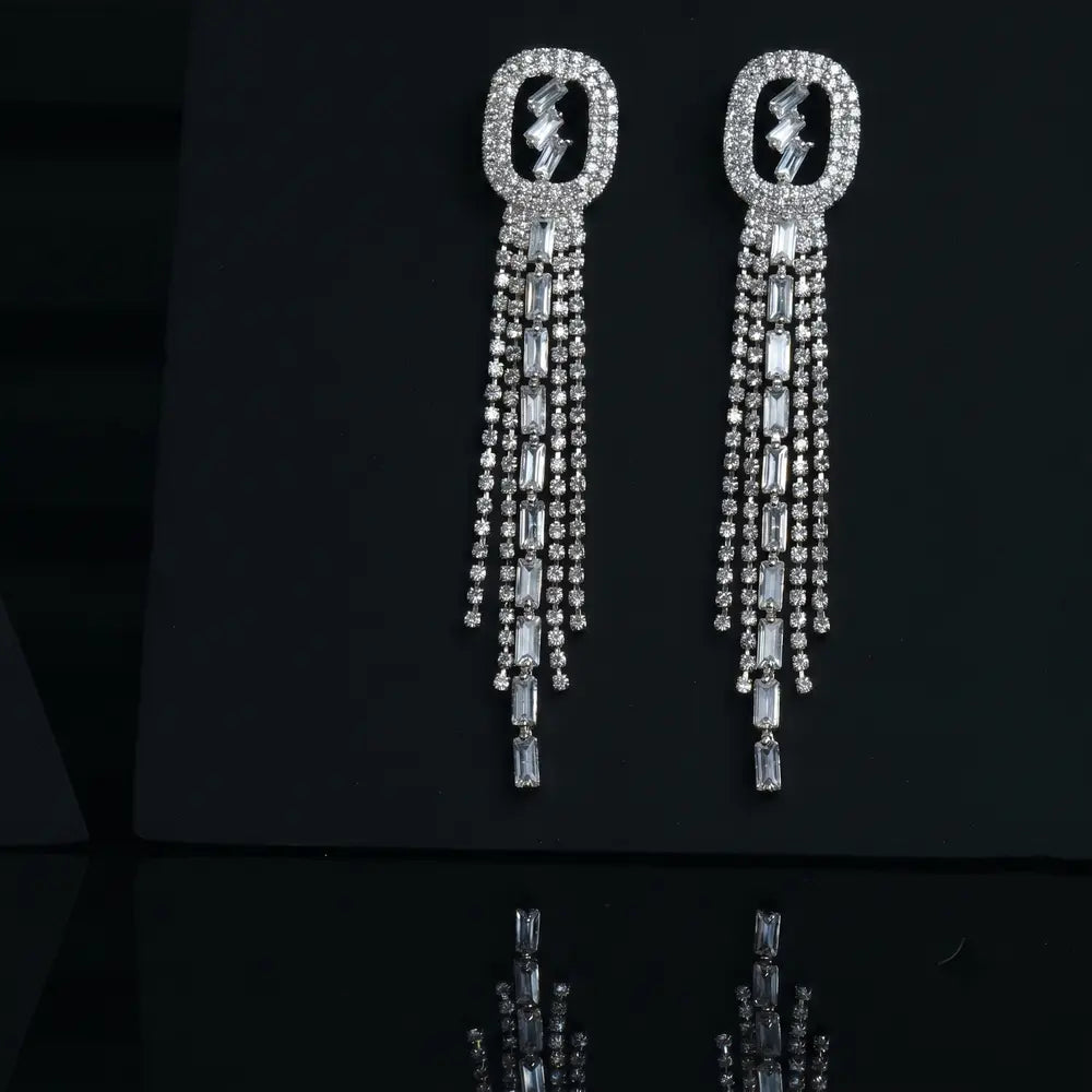 Silver Baguette Crystal Tassel Earrings