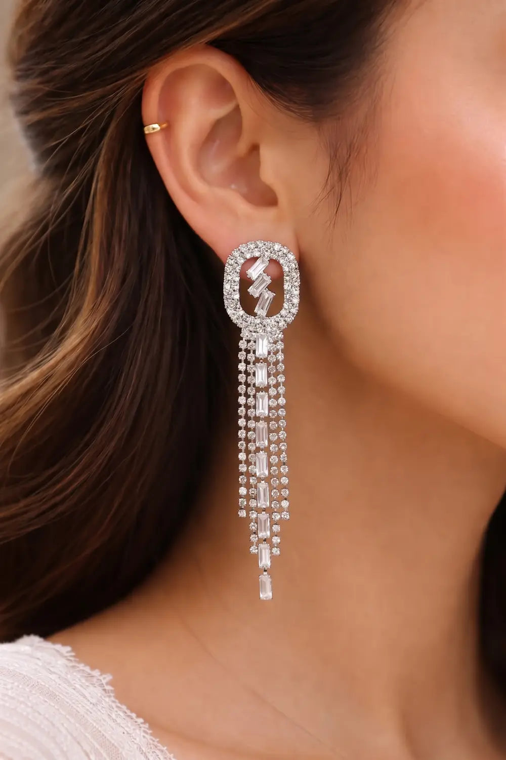 Silver Baguette Crystal Tassel Earrings