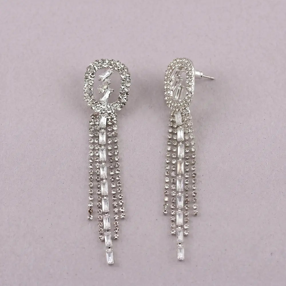 Silver Baguette Crystal Tassel Earrings