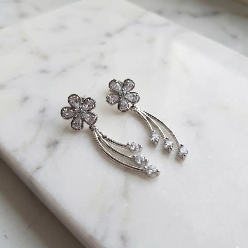 Silver Blossom Sparkle Drop Earrings
