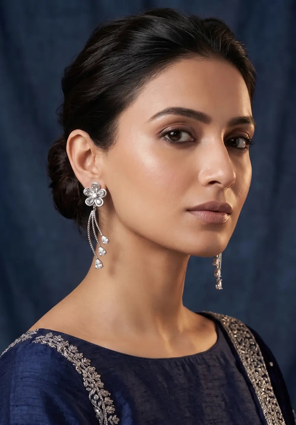 Silver Blossom Sparkle Drop Earrings