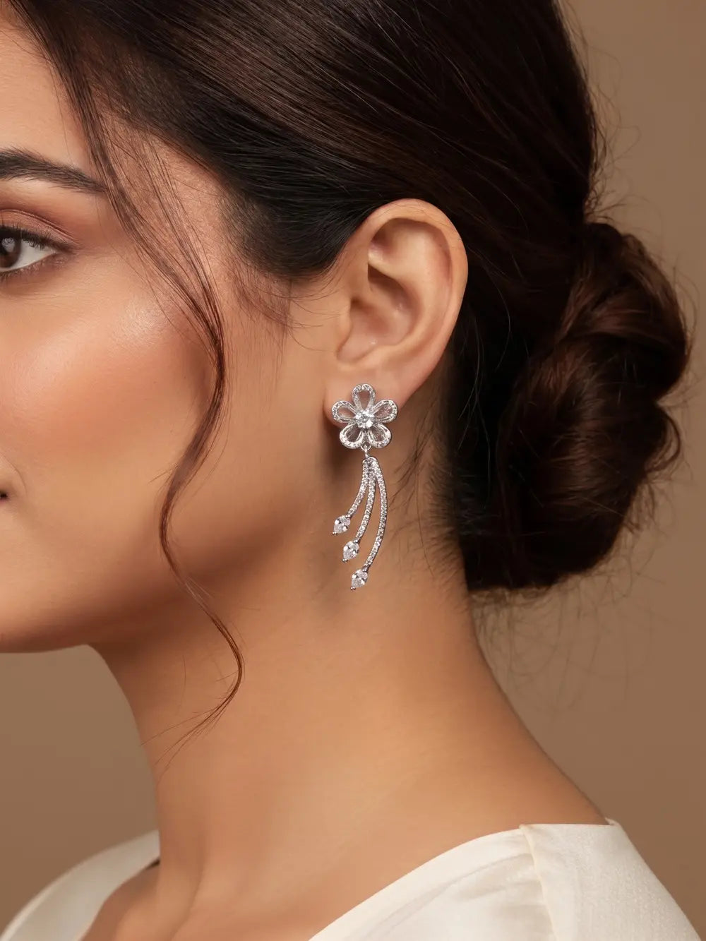 Silver Blossom Sparkle Drop Earrings