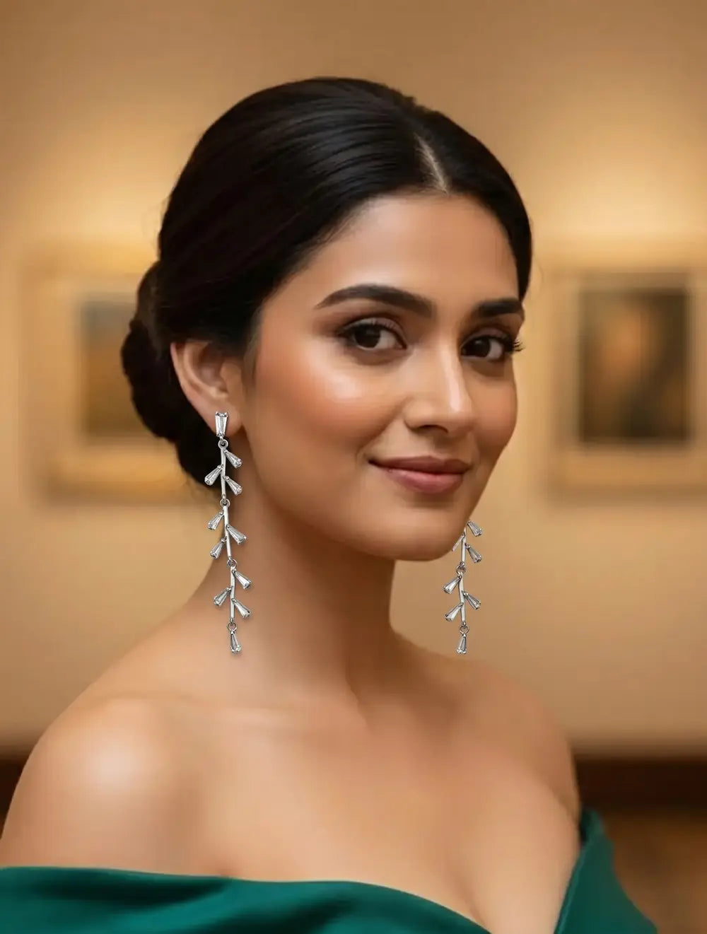 Silver Crystal Leafline Drop Earrings