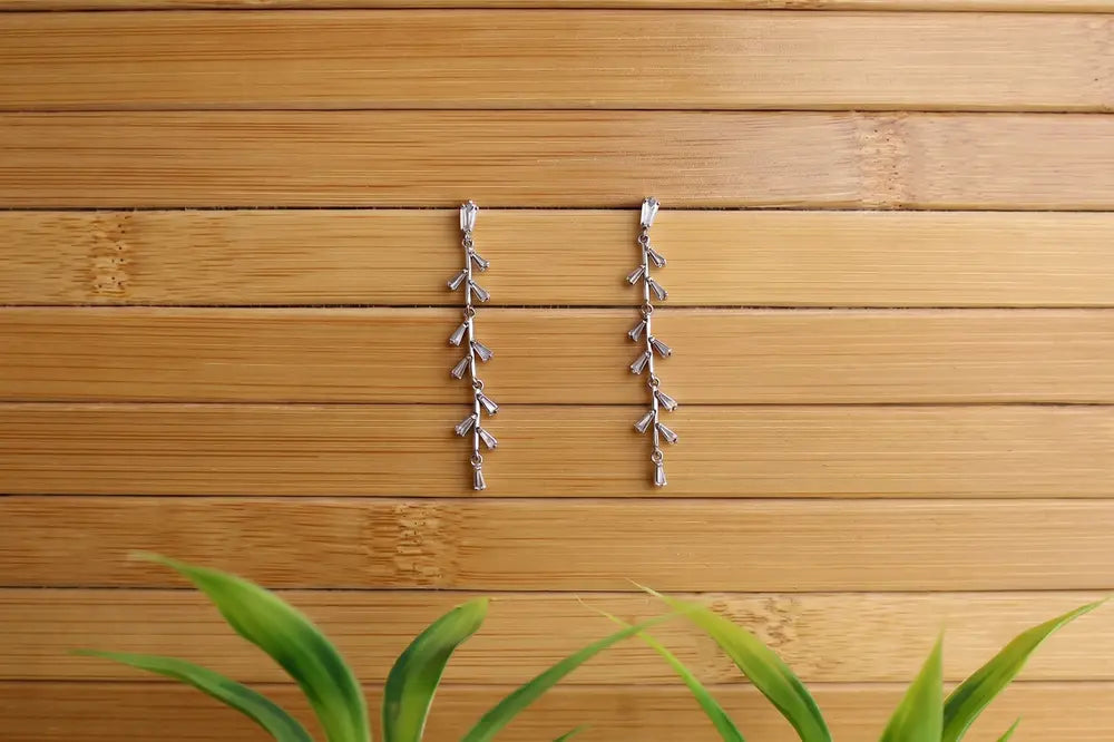 Silver Crystal Leafline Drop Earrings