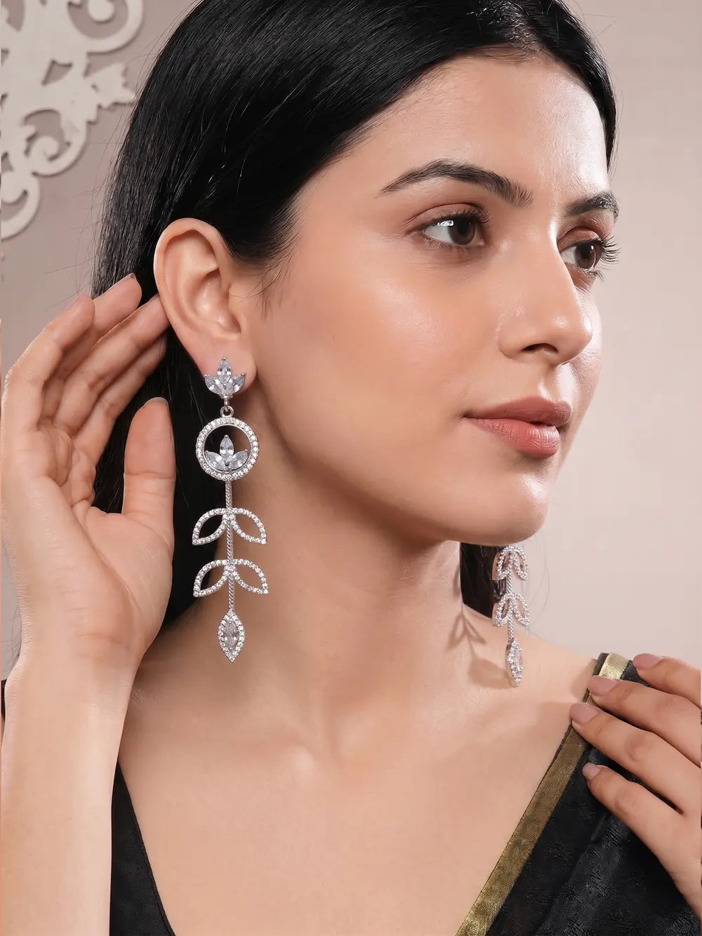 Silver Crystal Vine Drop Earrings