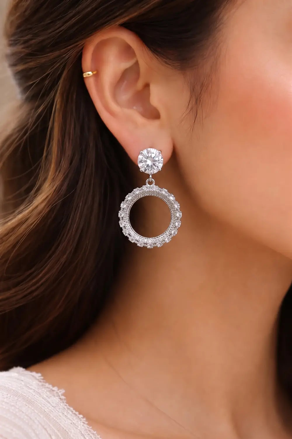 Silver Halo Crystal Drop Earrings