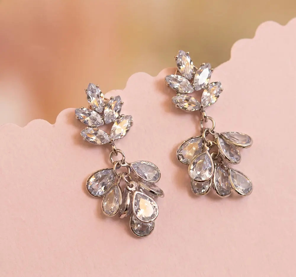 Silver Lotus Crystal Drop Earrings