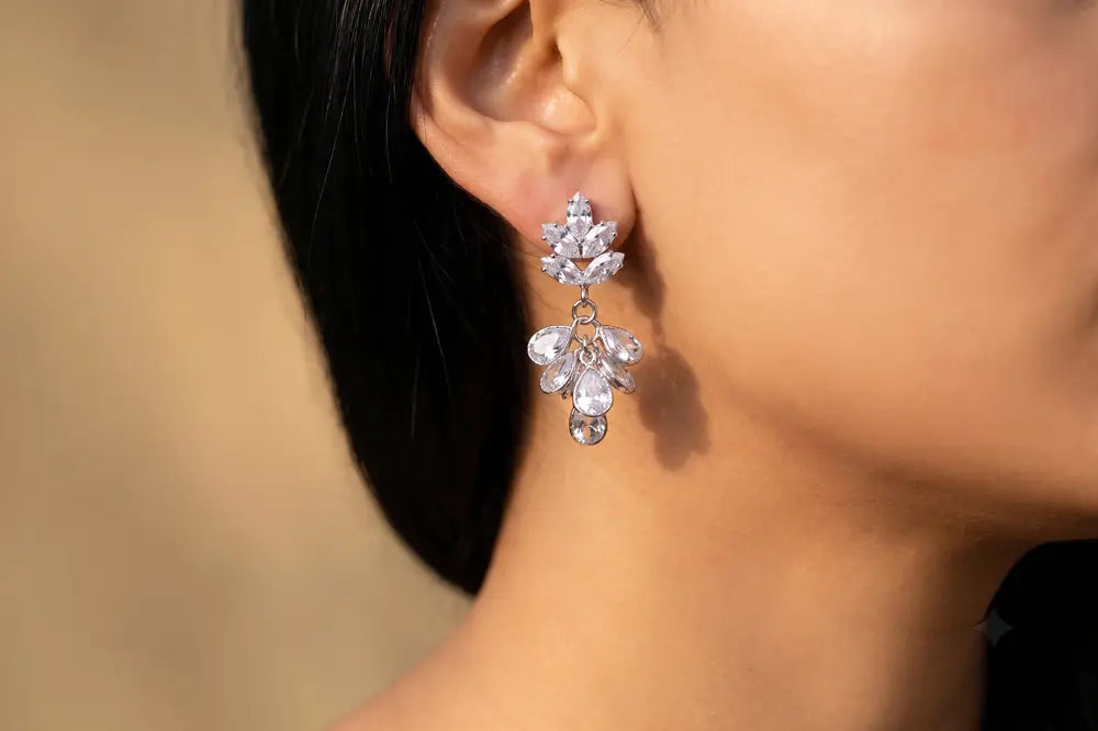 Silver Lotus Crystal Drop Earrings