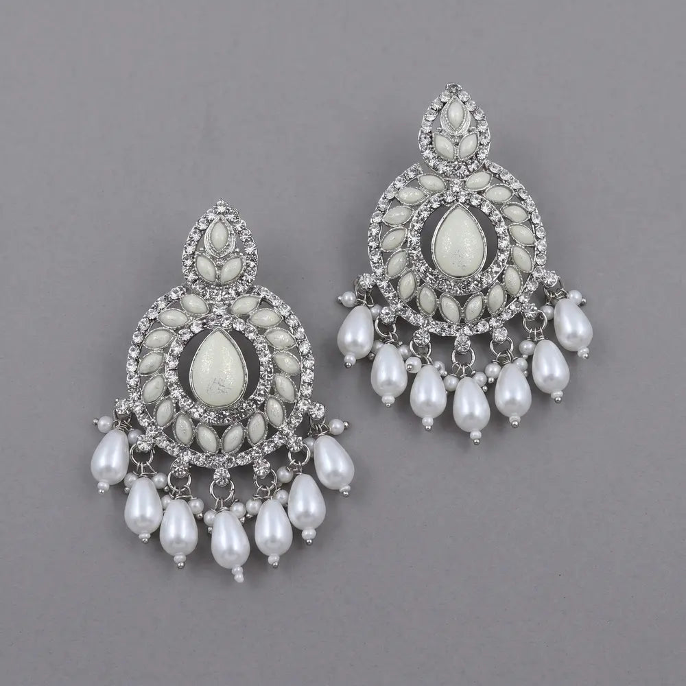 Silver Pearl Kundan Chandbali Earrings