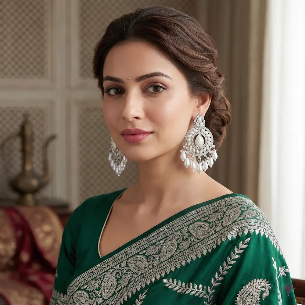 Silver Pearl Kundan Chandbali Earrings