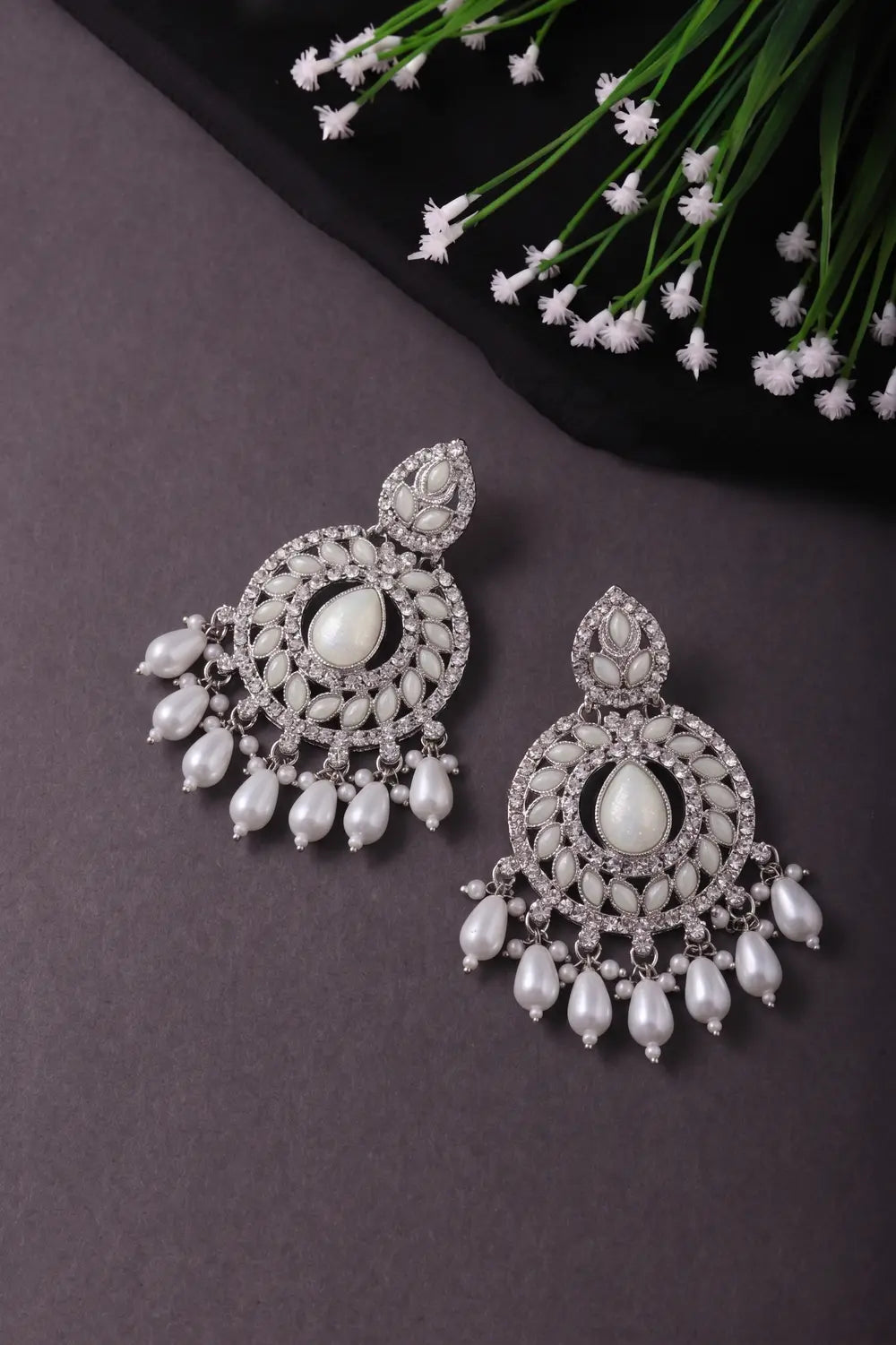 Silver Pearl Kundan Chandbali Earrings