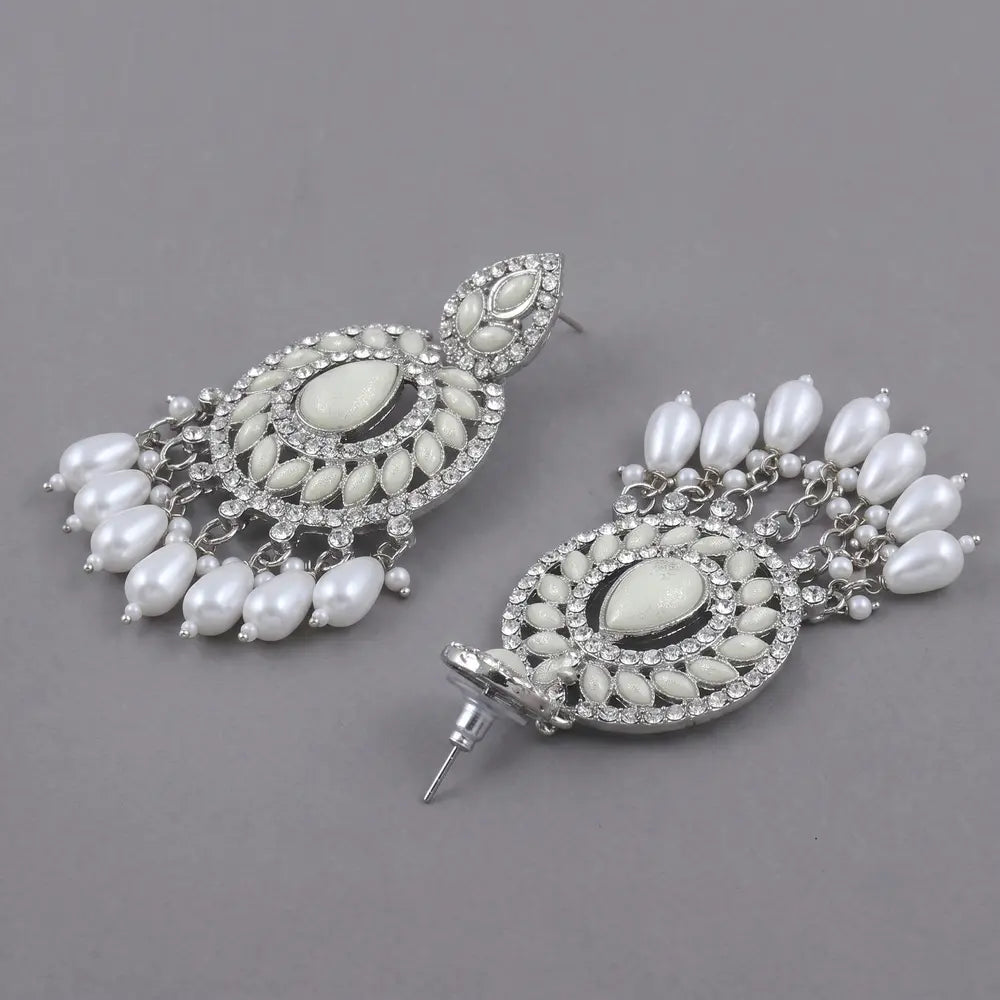Silver Pearl Kundan Chandbali Earrings