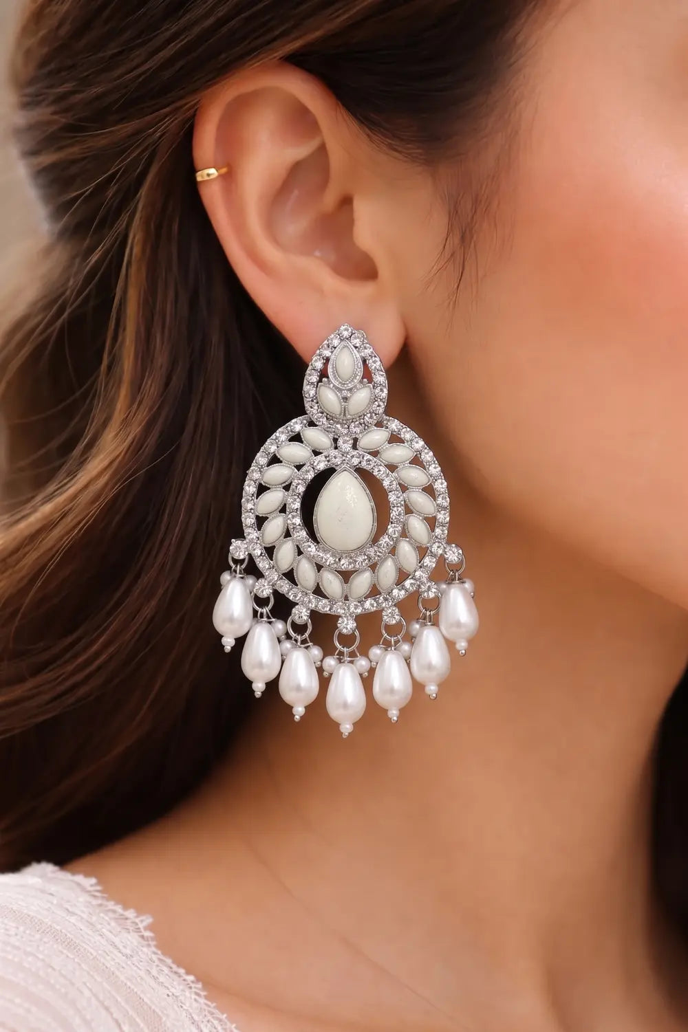 Silver Pearl Kundan Chandbali Earrings