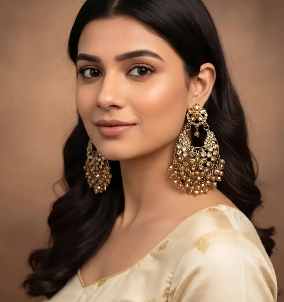 Sunehri Glow Crystal Beaded Chandbali Earrings