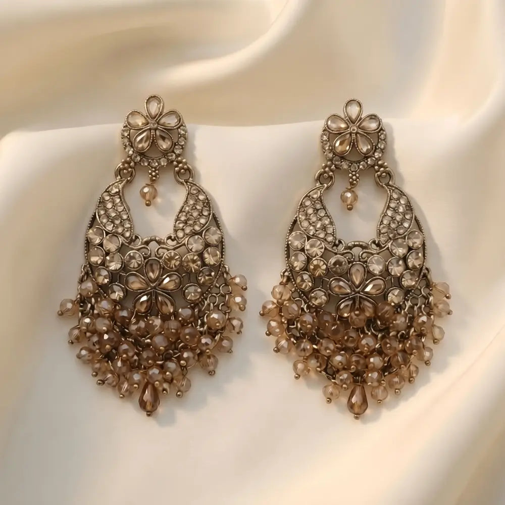 Sunehri Glow Crystal Beaded Chandbali Earrings