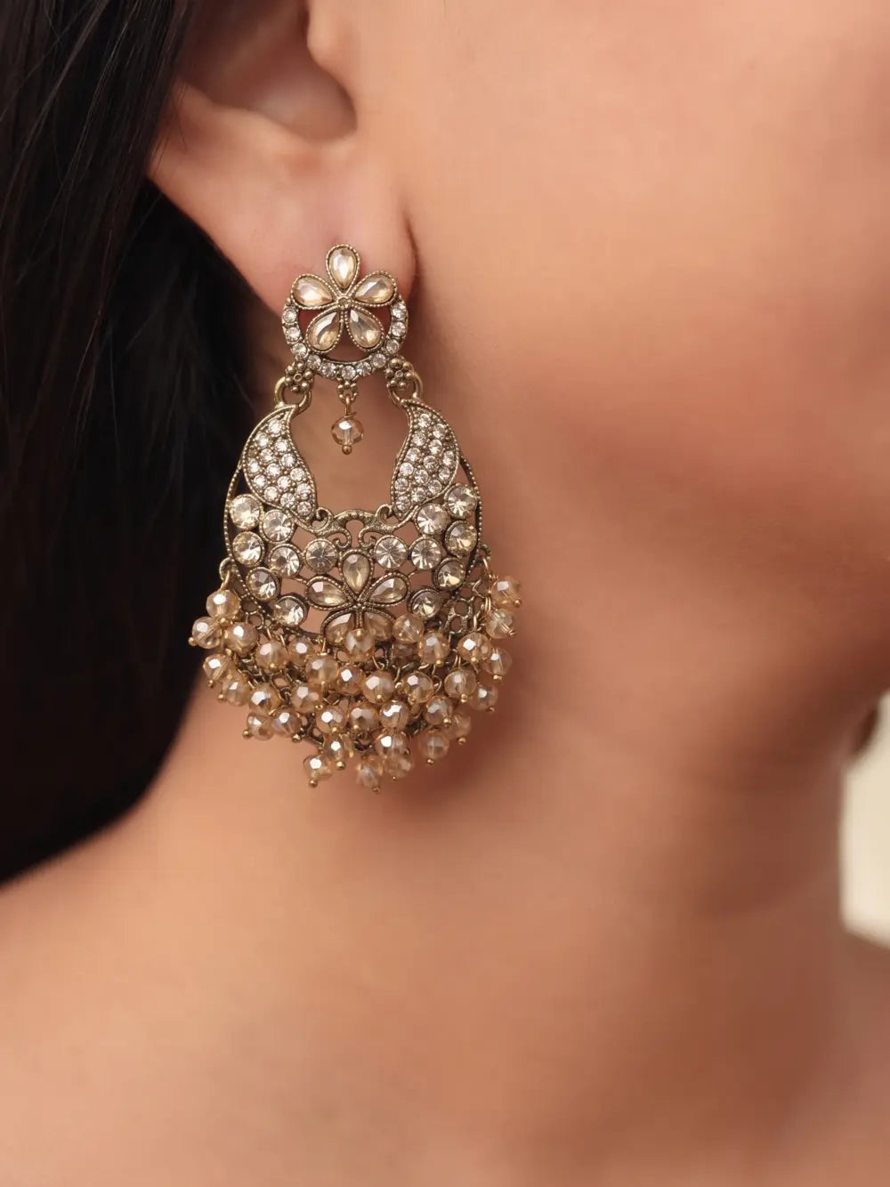 Sunehri Glow Crystal Beaded Chandbali Earrings