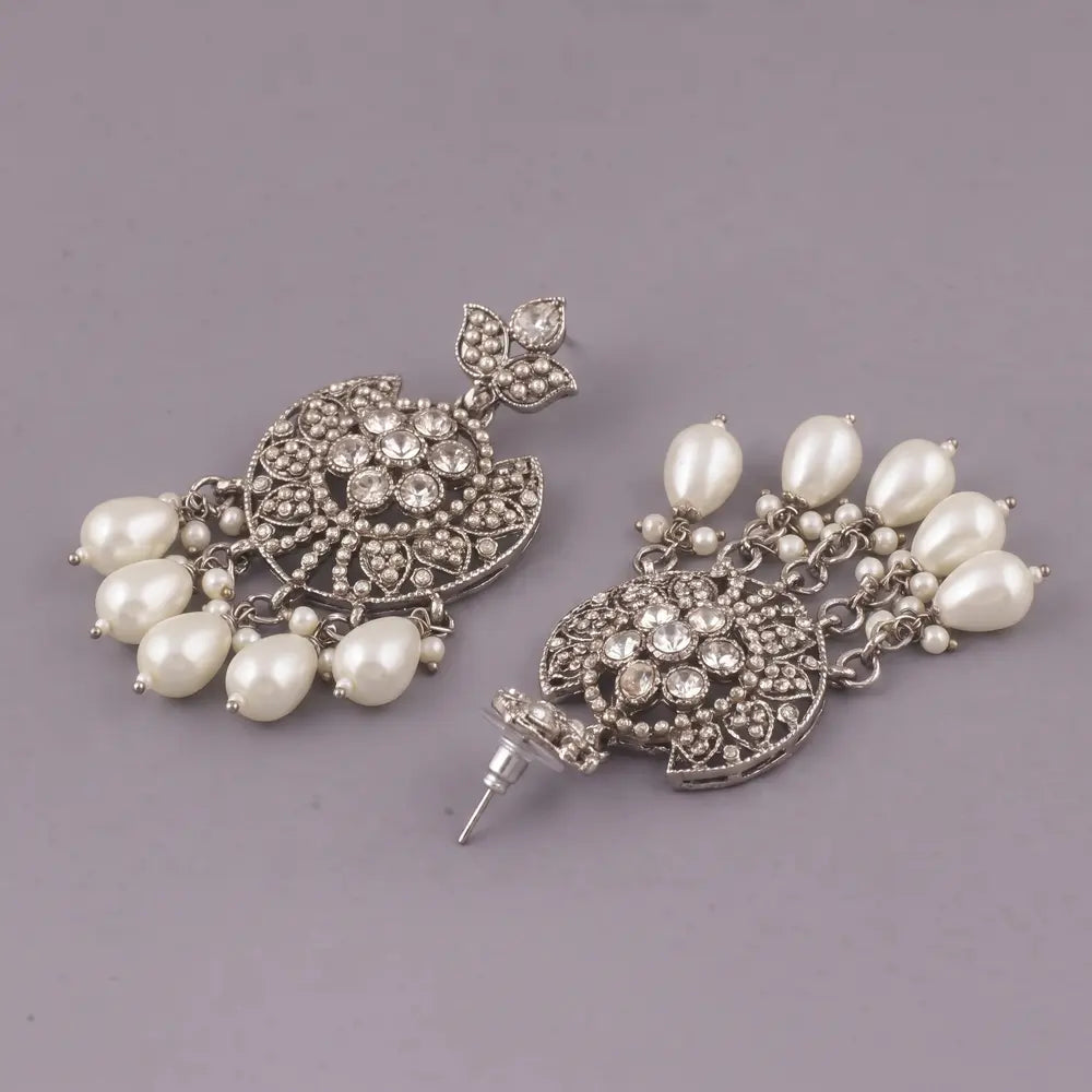 Oxidised Silver Pearl Chandbali Earrings