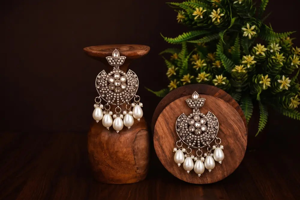 Oxidised Silver Pearl Chandbali Earrings