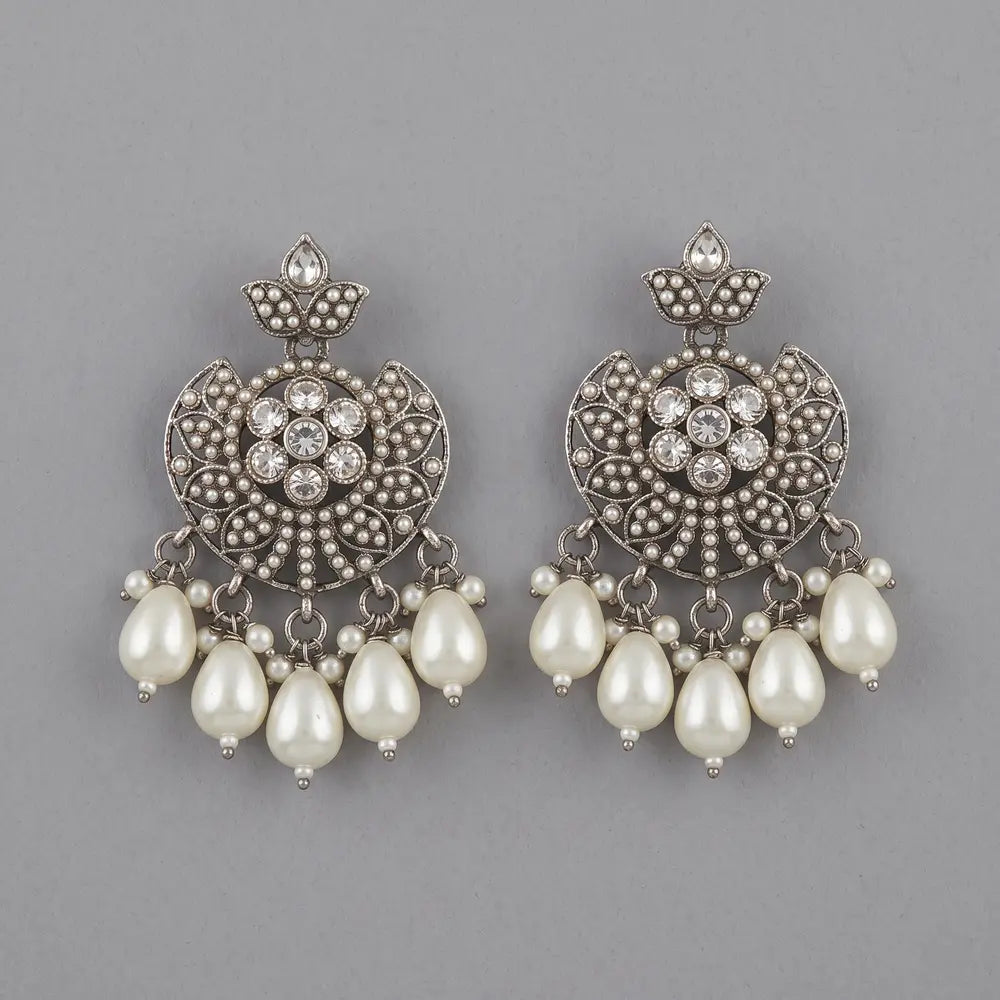 Oxidised Silver Pearl Chandbali Earrings